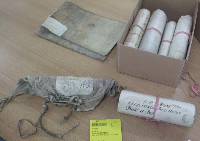 A photo of several medieval document from the Buckingamshire archive