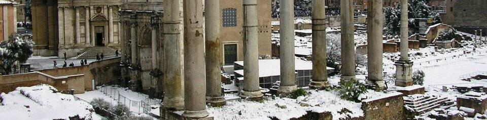 Snow frosted Temple of Saturn in Rome. Competition winning image.
