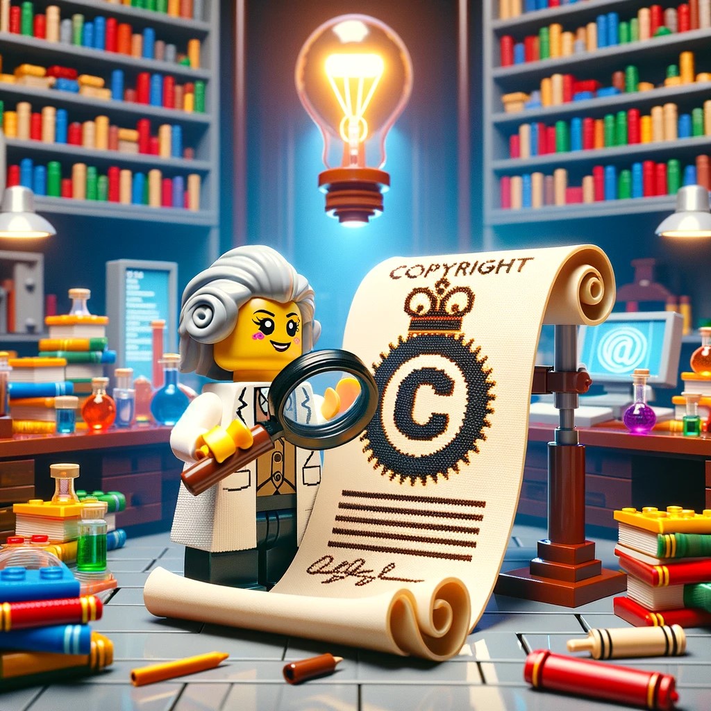 An AI created image of a Lego figure holding a copyright agreement