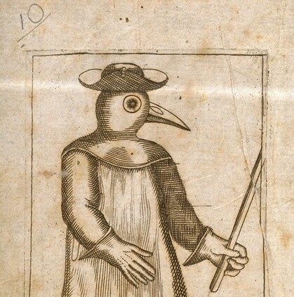 A physician dressed in protective plague costume. Line engraving after J.J. Manget. Public Domain Mark. Source: Wellcome Collection.