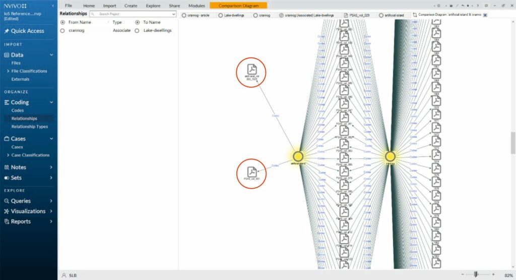 screen shot of a visual representation of the data. Two volumes containing references to artificial islands not exposed through text query search for 'crannog'