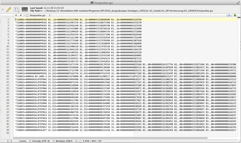 screenshot of the contents of the file Festpunkte.gsi opened with BBedit