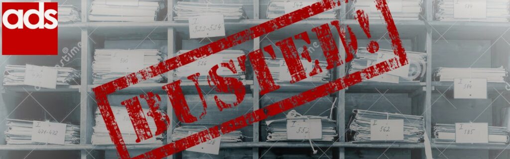 Image of documents on shelves with the ADS logo and the text 'busted!'