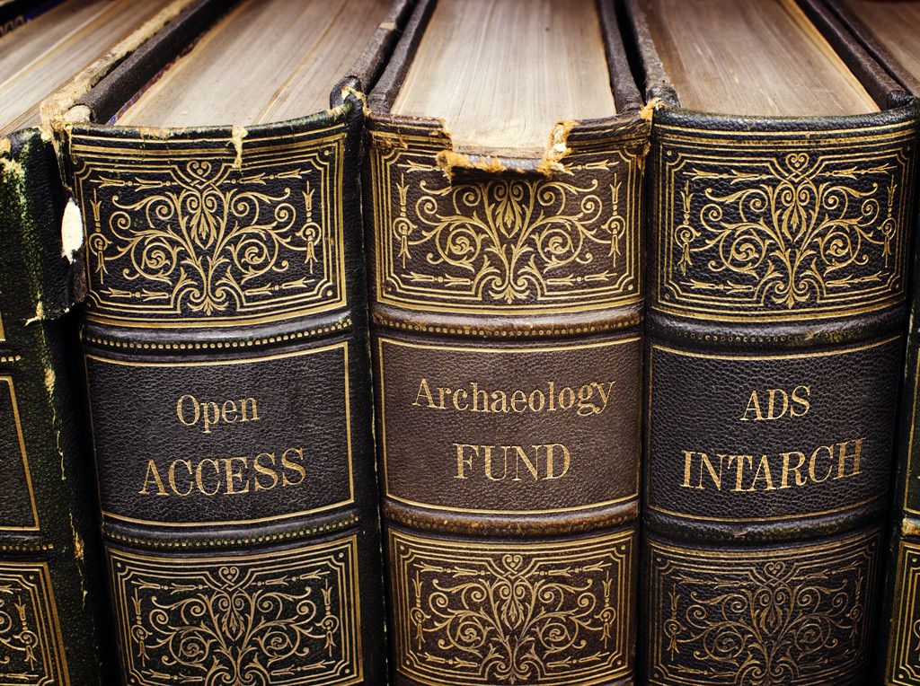 Row of old leather book spines, with Open Access Archaeology Fund on them
