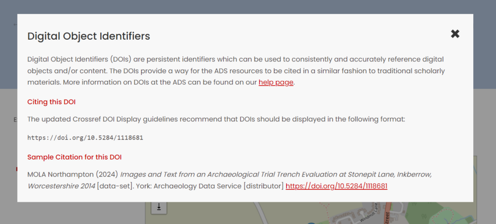 A screenshot of the DOI popup on the ADS archives page