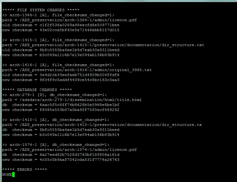 Part of a checksum report.