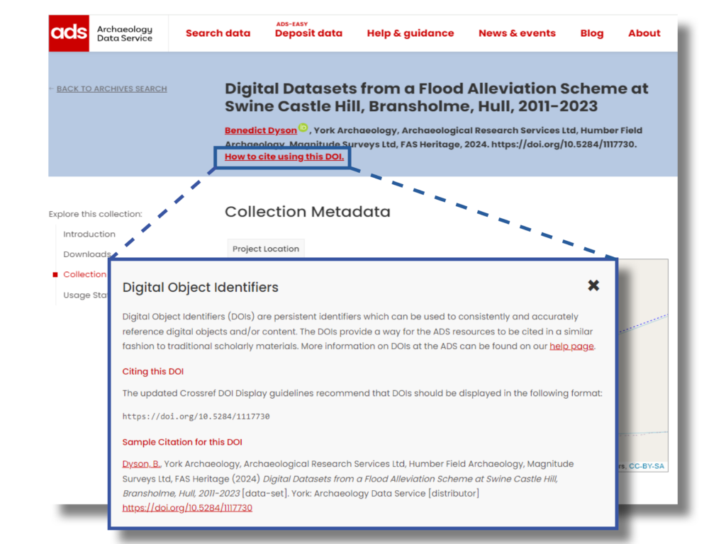 Pop-up window with example citation expanded from the link found in the heading of archive on the ADS website.