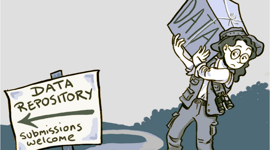 Cartoon showing the way to a data repository.