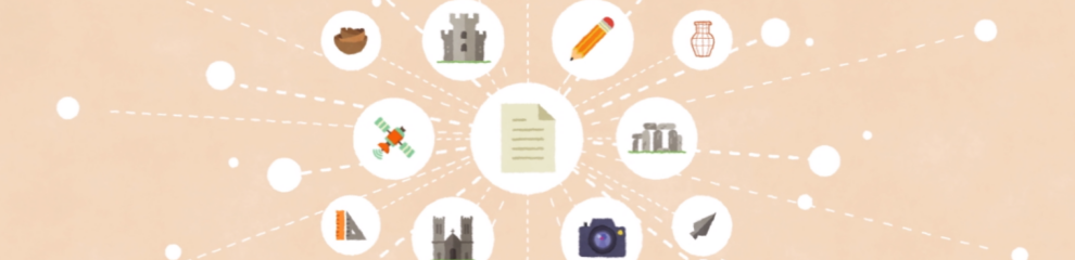 Image depicting different types of data collections methods used in archaeology, with icons from pencil, camera, trowel, scanner, paper etc