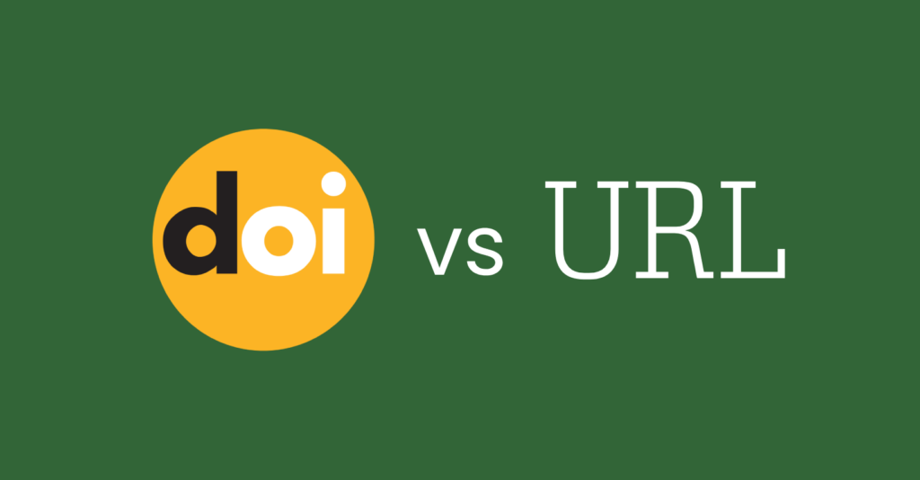 DOI logo with text "vs URL" on a green background