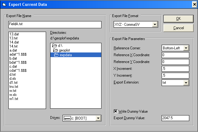 Screen capture of XYZ data export