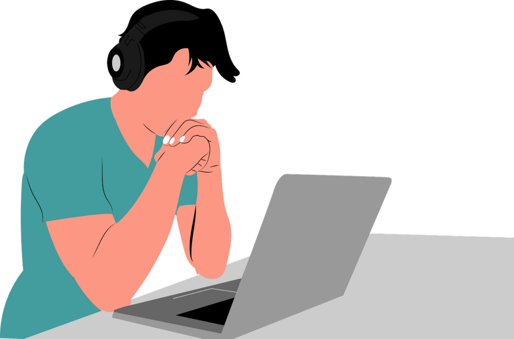 Minimalistic art of a person wearing headphones sat at a table looking at a laptop