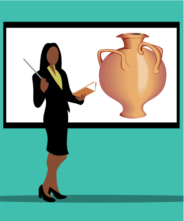 Minimalistic art of a teacher standing with a book and a pointer in front of a board with a picture of a pot