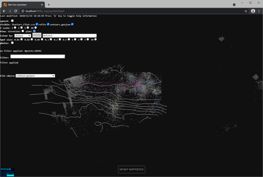 xyzviewer showing some Star Carr data. It appears as a black screen with inputs that can be entered in the top left corner and shows geophysical information in the form of white lines.
